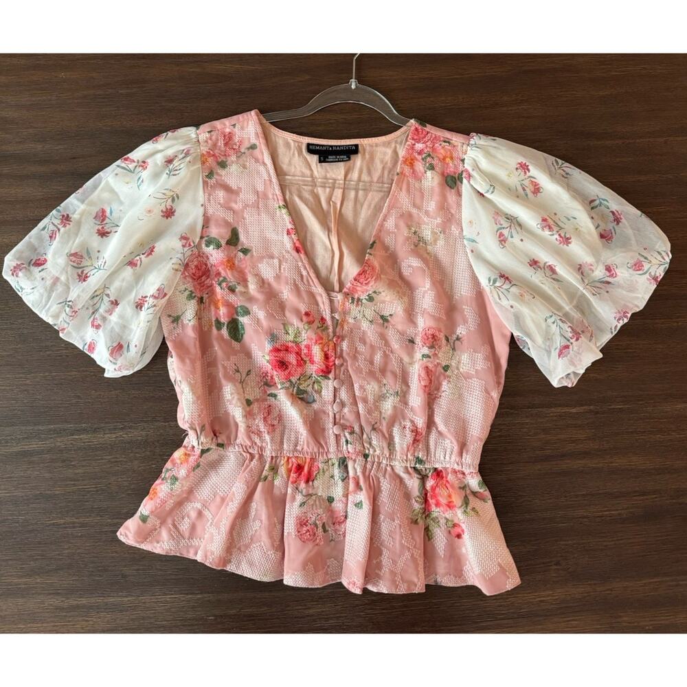 HEMANT & NANDITA Pink Floral Peplum Blouse with Sheer White Puff Sleeves
